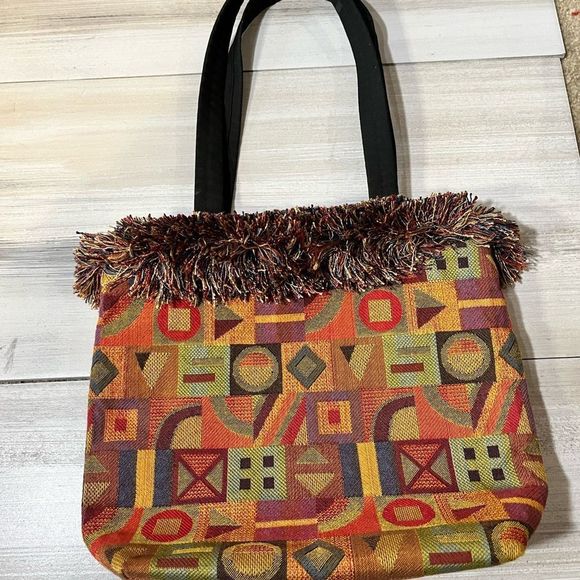 One of a Kind Tapestry Purse With Multi Color Fringe Around Top Print Fabric - Picture 5 of 5